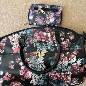Bueno Brand Floral Black and Pink Women's Bag and Matching Wallet